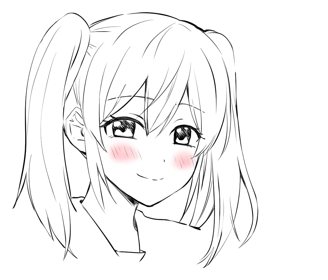 The same anime girl with pink blush and diagonal hatching lines on her cheeks