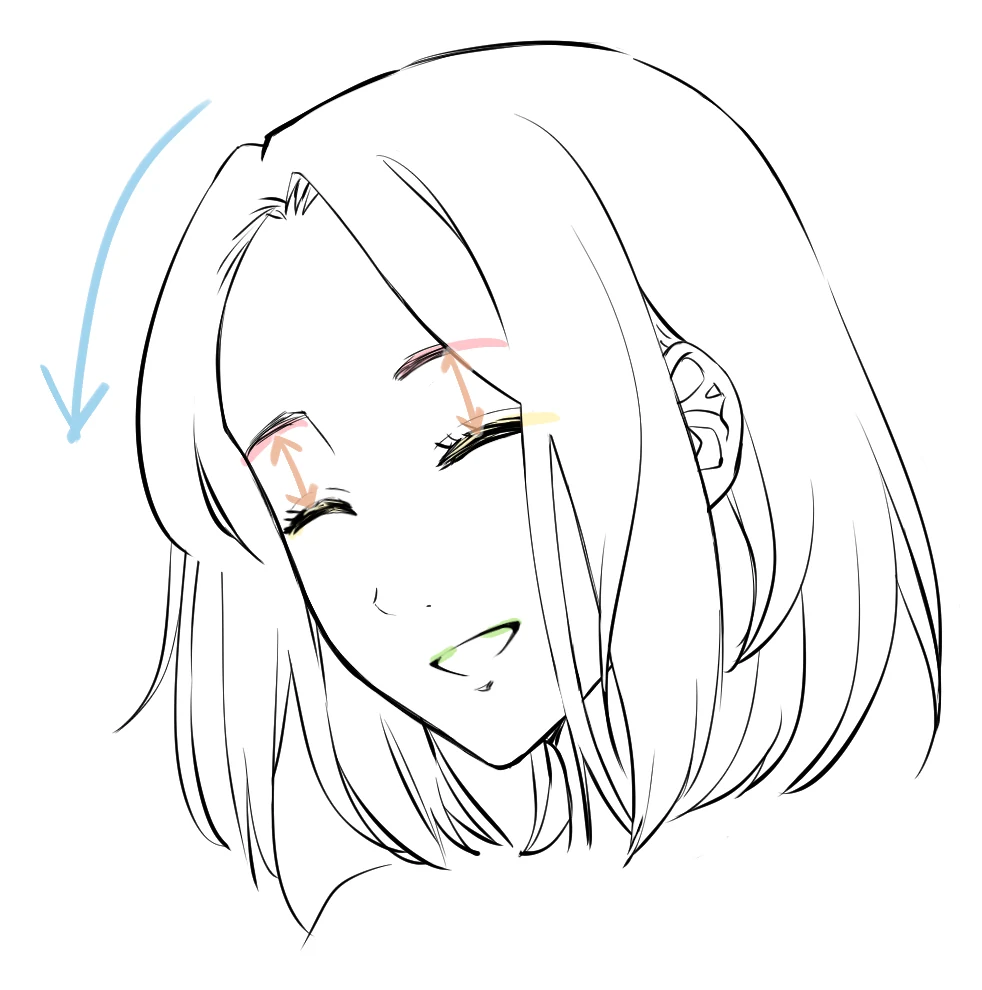 An anime girl laughing with her eyes closed, with the brows, eyes, mouth and a neck arrow marked in color