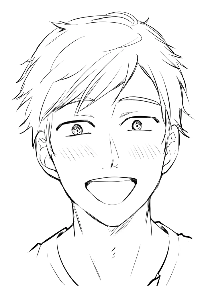 An anime boy laughing with his mouth wide open, brows raised high