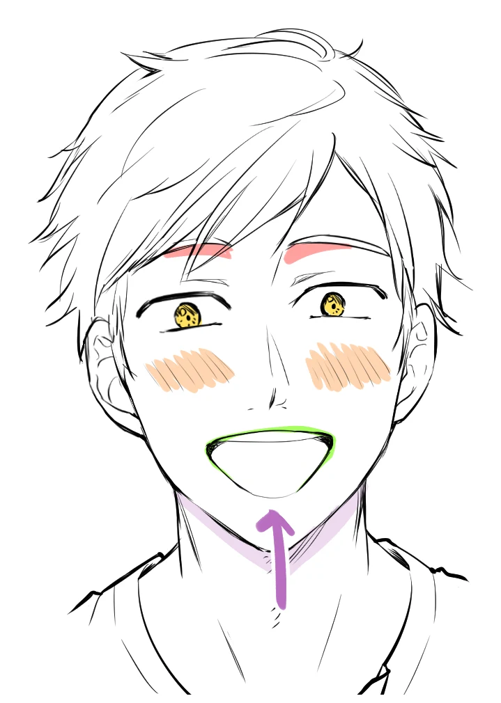 An anime boy shouting with joy, with the brows, small eyes, blush, wide mouth and an upward head arrow marked in color