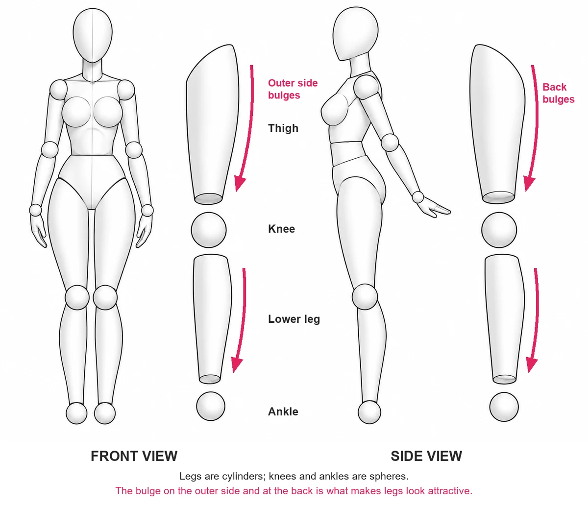 Faceless female drawing mannequin from the front and side, with the legs split into cylinders and spheres