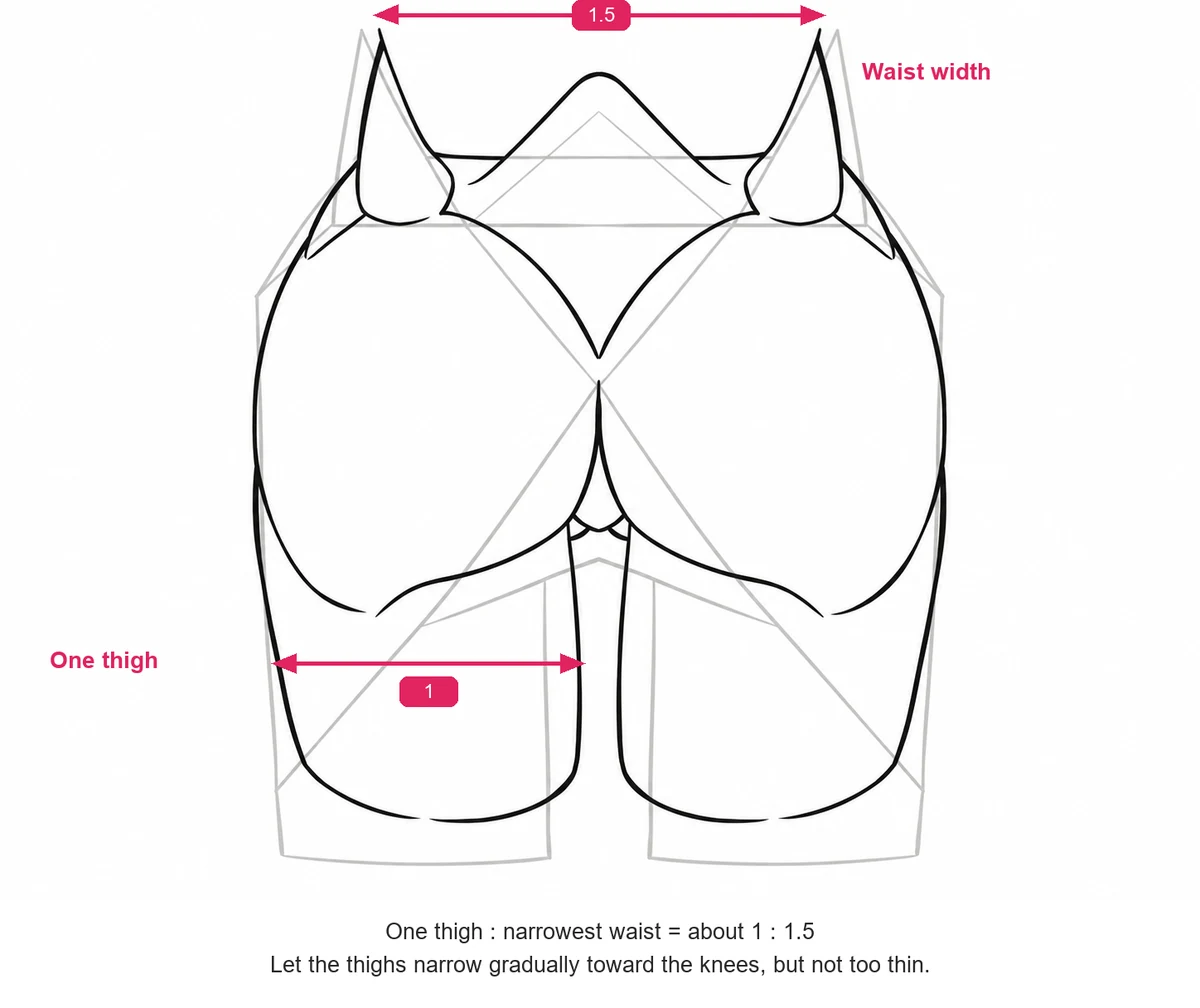 Back view construction of the hips and thighs over a gray block, with red bars comparing the waist width (1.5) to one thigh (1).