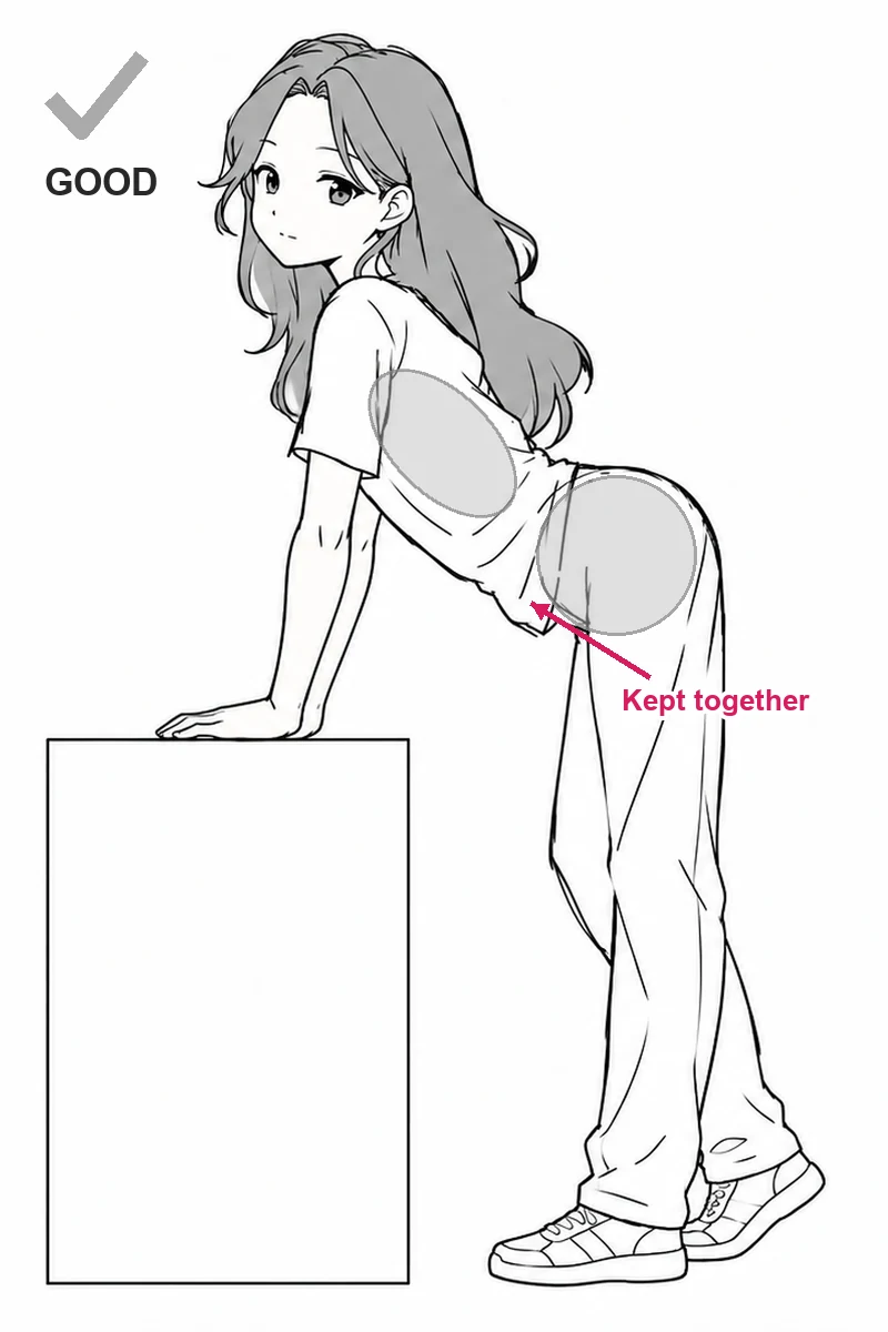 Good: a girl leaning on a box with gray rib cage and pelvis guides kept close together.