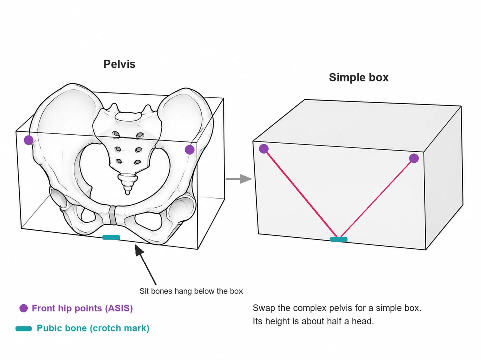 A pelvis bone inside a wire box, beside the same pelvis simplified into a solid box with the front hip points and pubic bone marked.