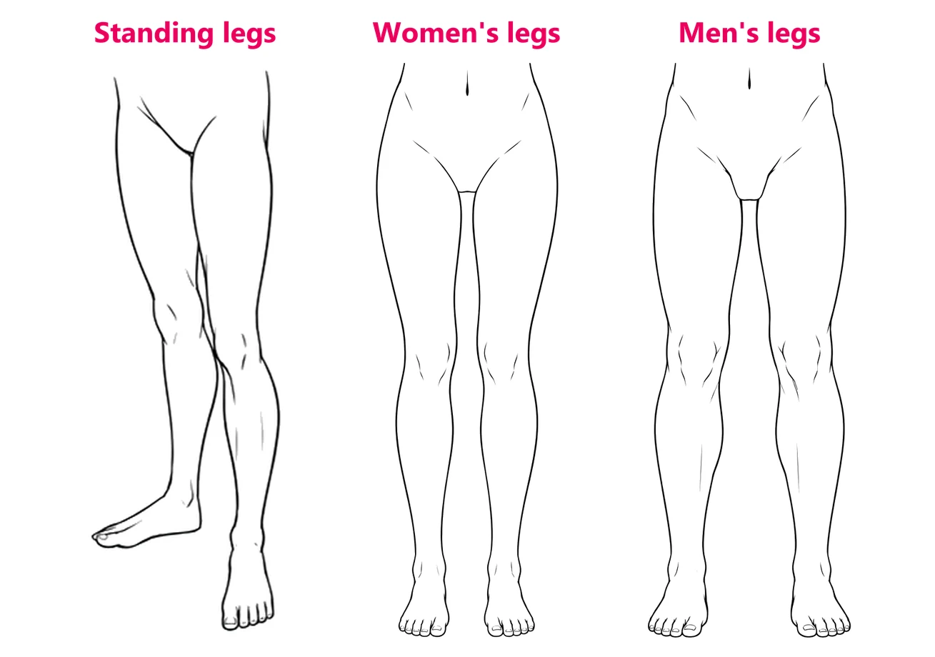 A finished pair of anime legs standing at an angle, next to a woman's legs and a man's legs from the front