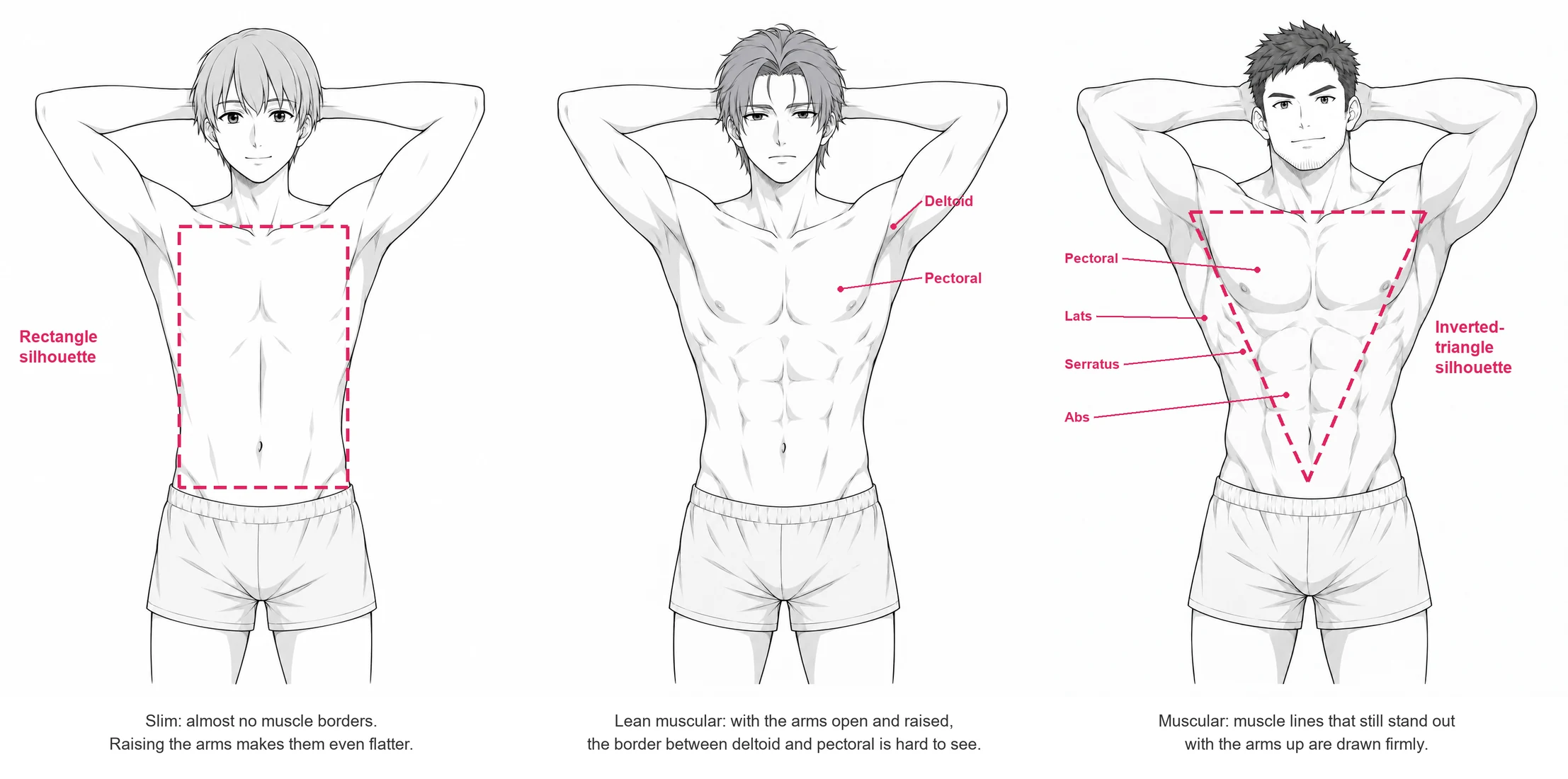 The same pose drawn as three male builds: slim, lean muscular and muscular