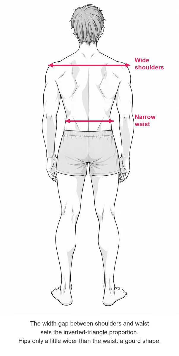 Lean muscular man seen from behind, with arrows comparing shoulder width and waist width
