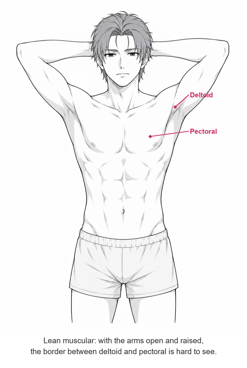 Lean muscular anime man with his arms behind his head, deltoid and pectoral labeled