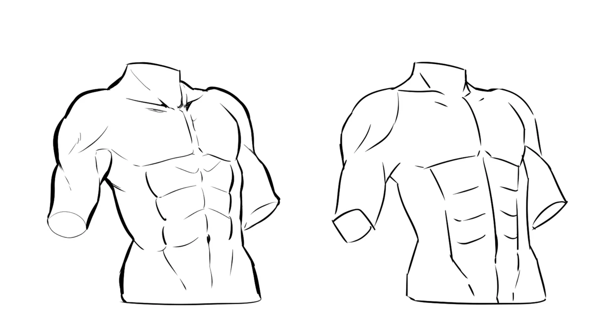 Two male upper bodies from the lesson: varied line weight on the left, flat even lines on the right