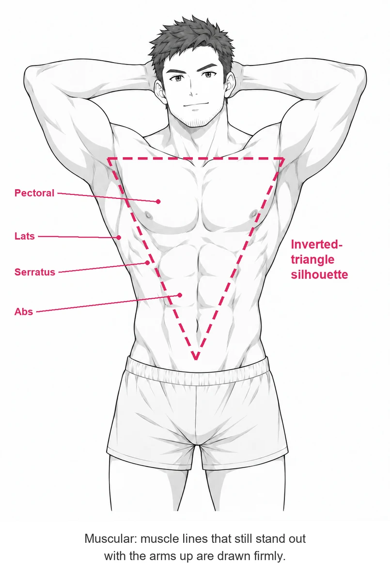 Muscular anime man with his arms behind his head, a dashed inverted triangle and muscle labels