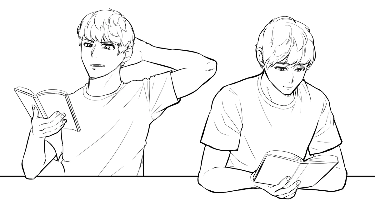 Two young men from the lesson reading books: one distracted with a hand behind his head, one focused