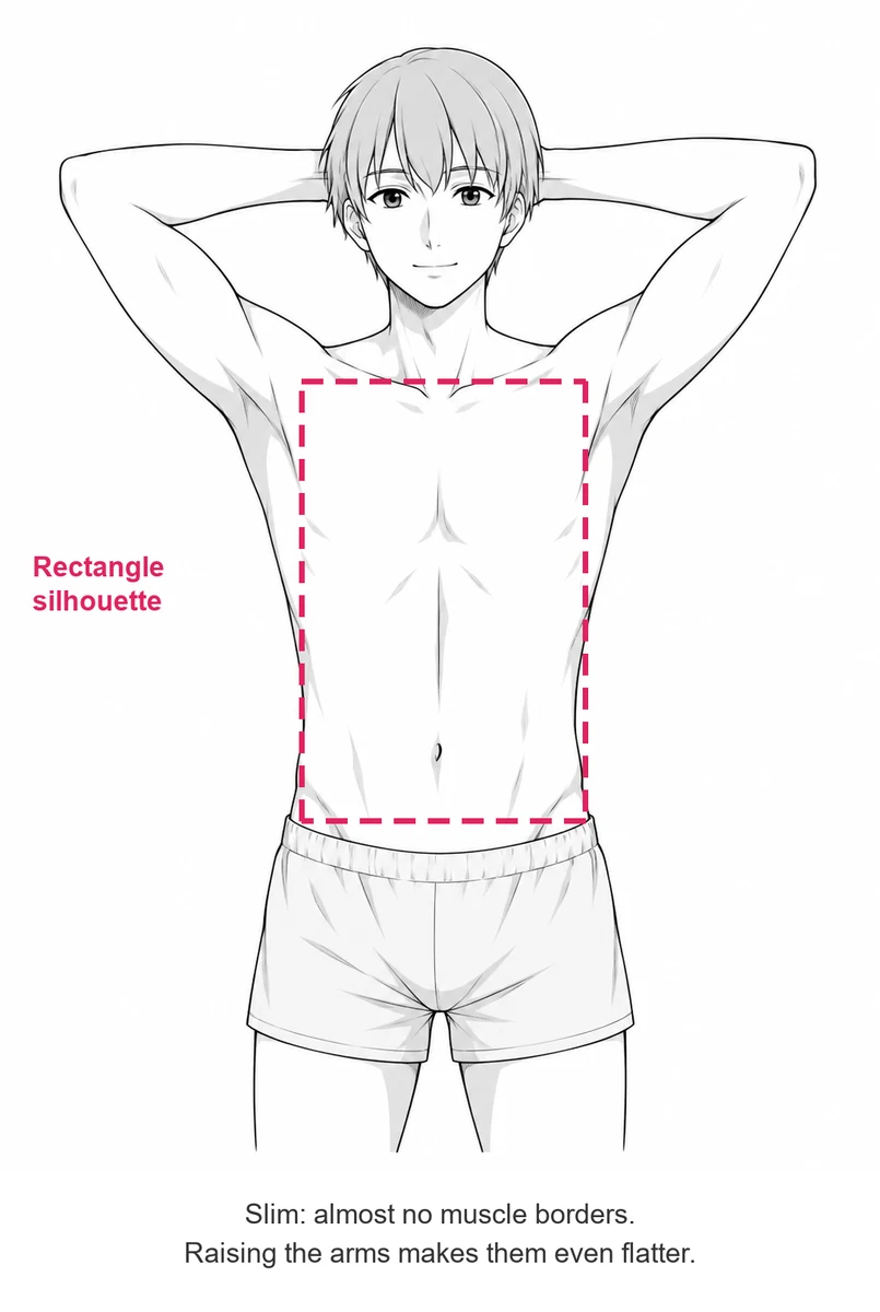 Slim anime man with his arms behind his head and a dashed rectangle over his torso
