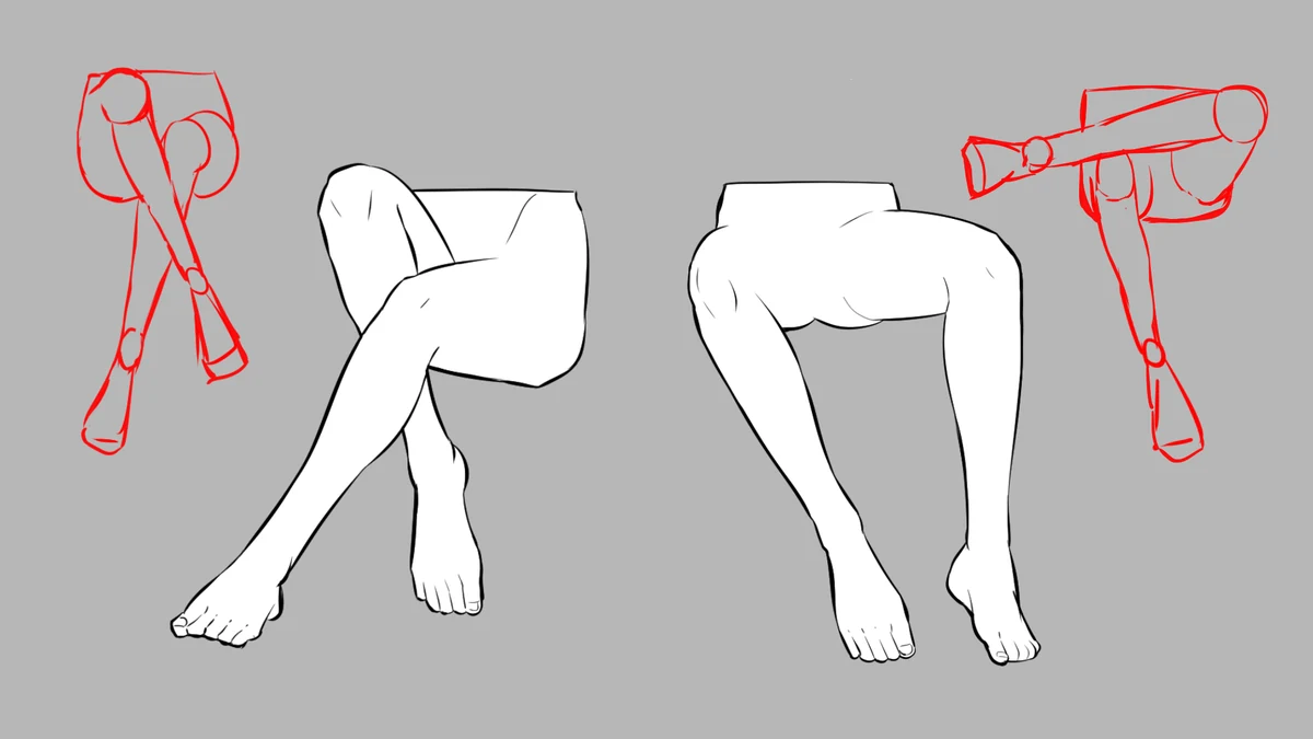 Lesson frame: legs crossed inwards on the left, a seated pose with the knees pointing outwards on the right, red rough guides