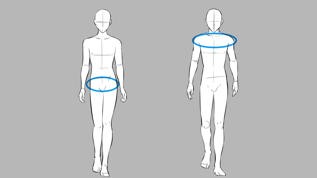 Lesson frame: a walk with a blue oval on the hips on the left, a walk with a blue oval on the shoulders on the right