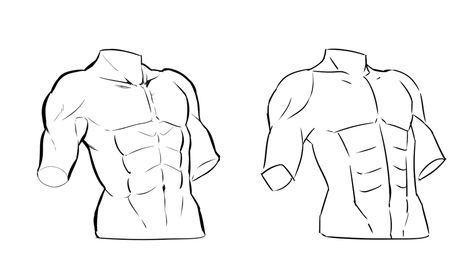 Lesson frame: two male upper bodies, one with varied line weight and one with flat, even lines