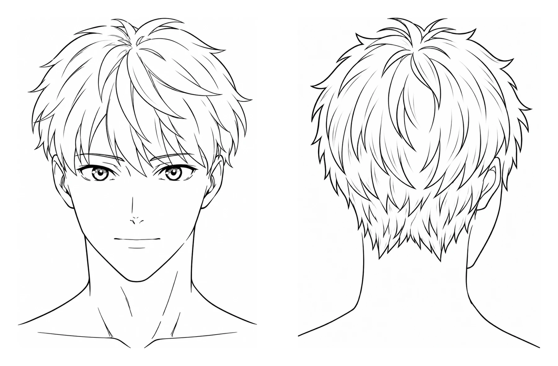 The same anime boy with short hair, drawn from the front and from the back