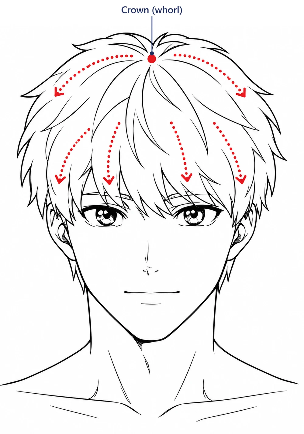 Anime boy with red dotted arrows spreading out from the whorl on top of his head