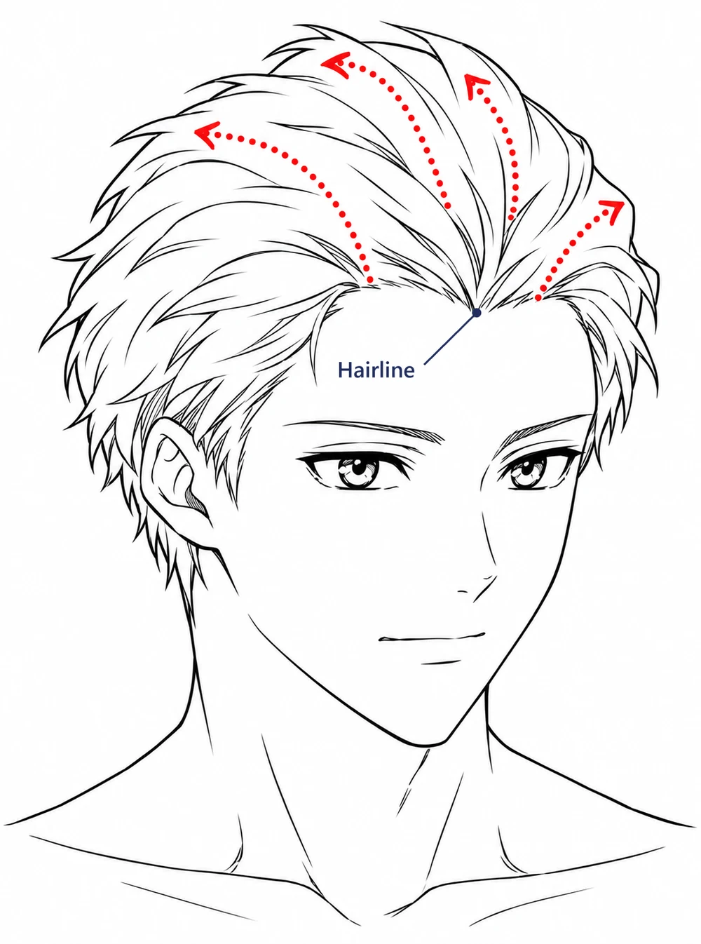 Anime boy with swept-back hair and red dotted arrows running from the hairline toward the tips