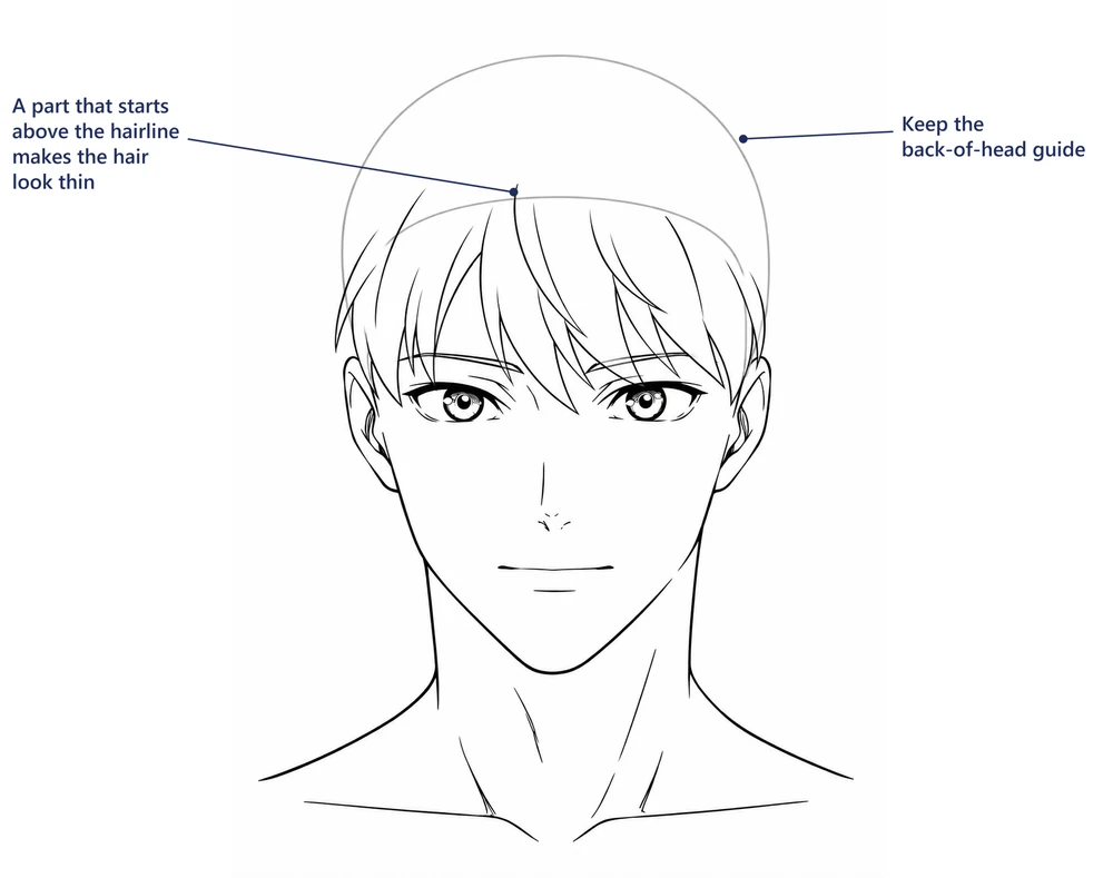 The same boy with bangs drawn from the hairline guide, gray guides still visible