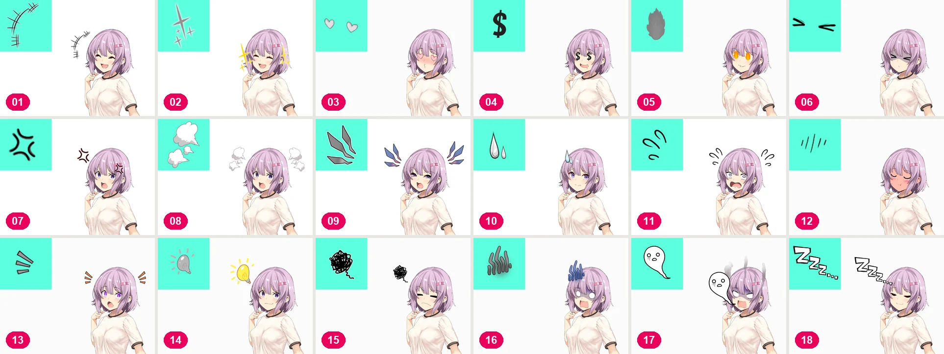 All 18 manpu, numbered 1 to 18, drawn on the same anime girl