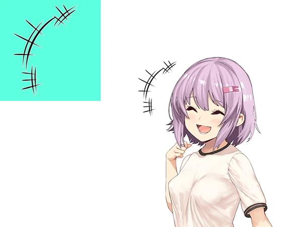 Laughing anime girl with curved, crossed lines beside her head