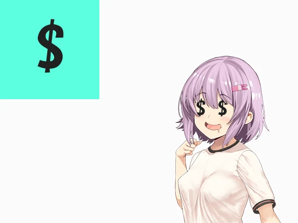 Grinning anime girl with dollar signs for eyes