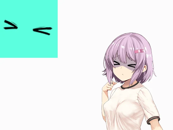 Anime girl with eyes squeezed shut, drawn as two simple angle shapes