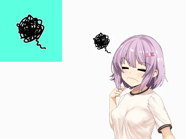 Frowning anime girl with a tangled black scribble beside her head