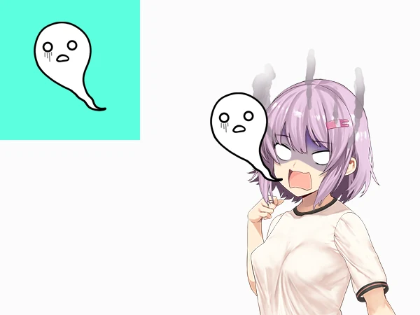 Stunned anime girl with blank eyes and a little ghostie cloud sucked out of her mouth