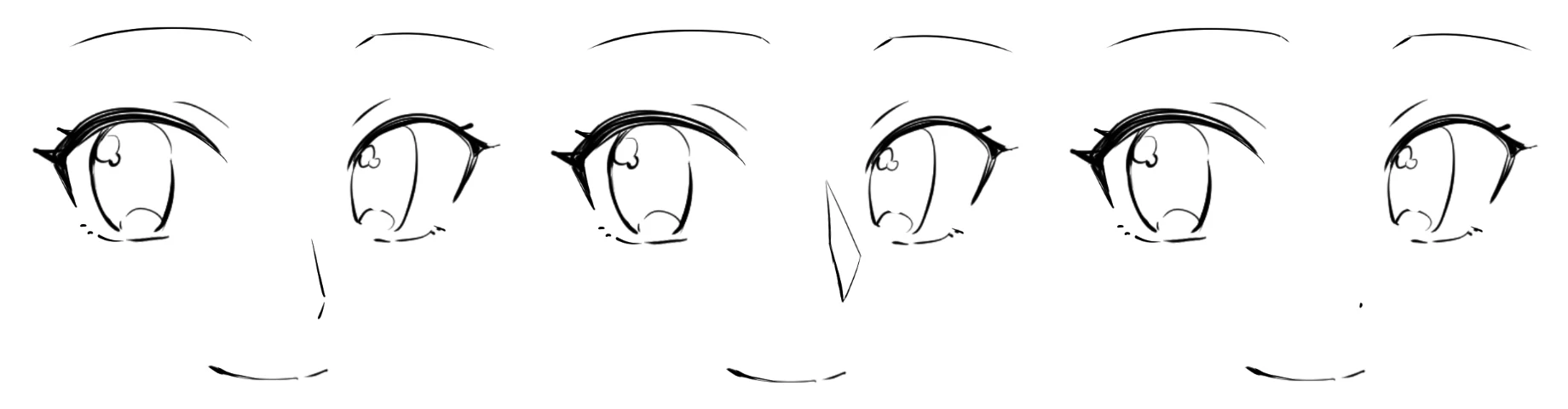 The same anime face drawn three times, each with a different nose: a thin bridge line, a bridge with a shaded tip, and a single dot