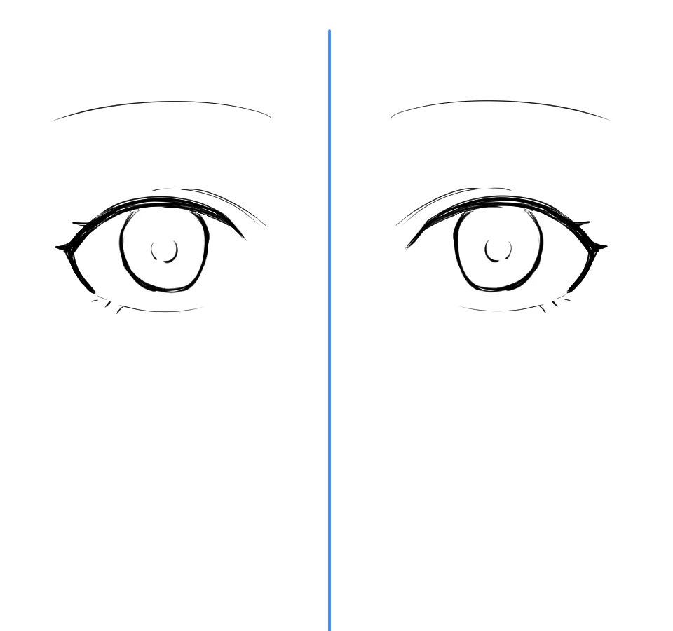 A pair of anime eyes with a blue vertical center line between them