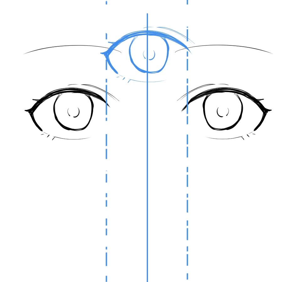 A blue eye shape placed between the two eyes to show the gap is about one eye wide