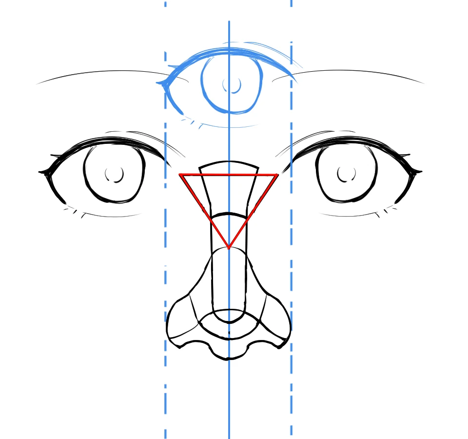 Anime eyes with a blue center line and a red triangle guide between the eyes, with a nose sketched over it