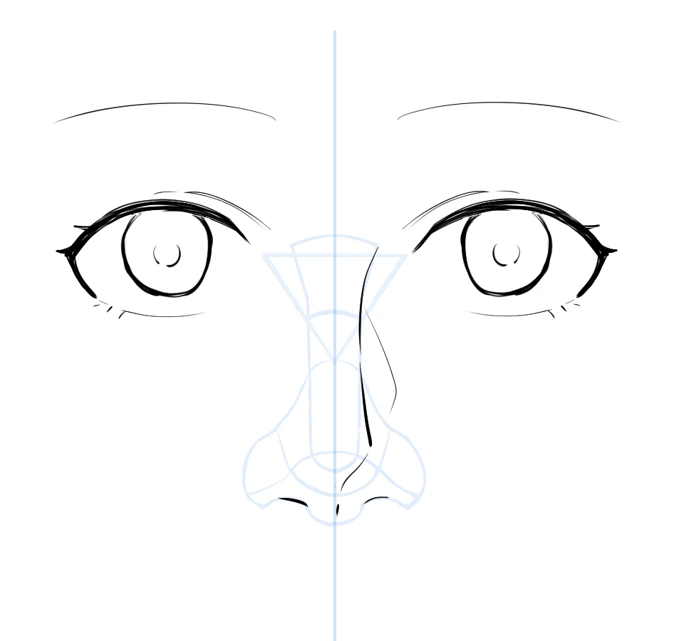 Semi-realistic anime face with the nose outline and nostrils inked over a faint guide