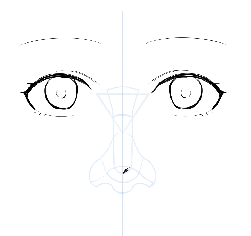 Only the tip of the nose drawn as a small mark over the faint guide