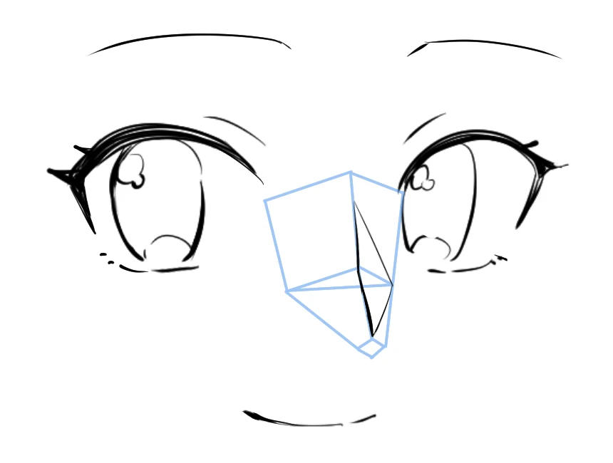 Stylized anime face at an angle with a light blue box guide and a nose drawn along the bridge