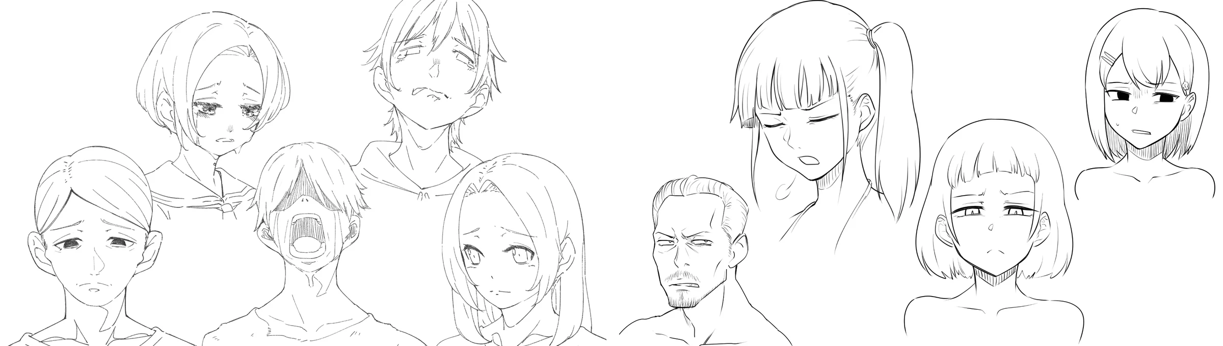 Anime characters from the lesson: five sad faces, from a quiet frown to wailing, next to four disgusted faces