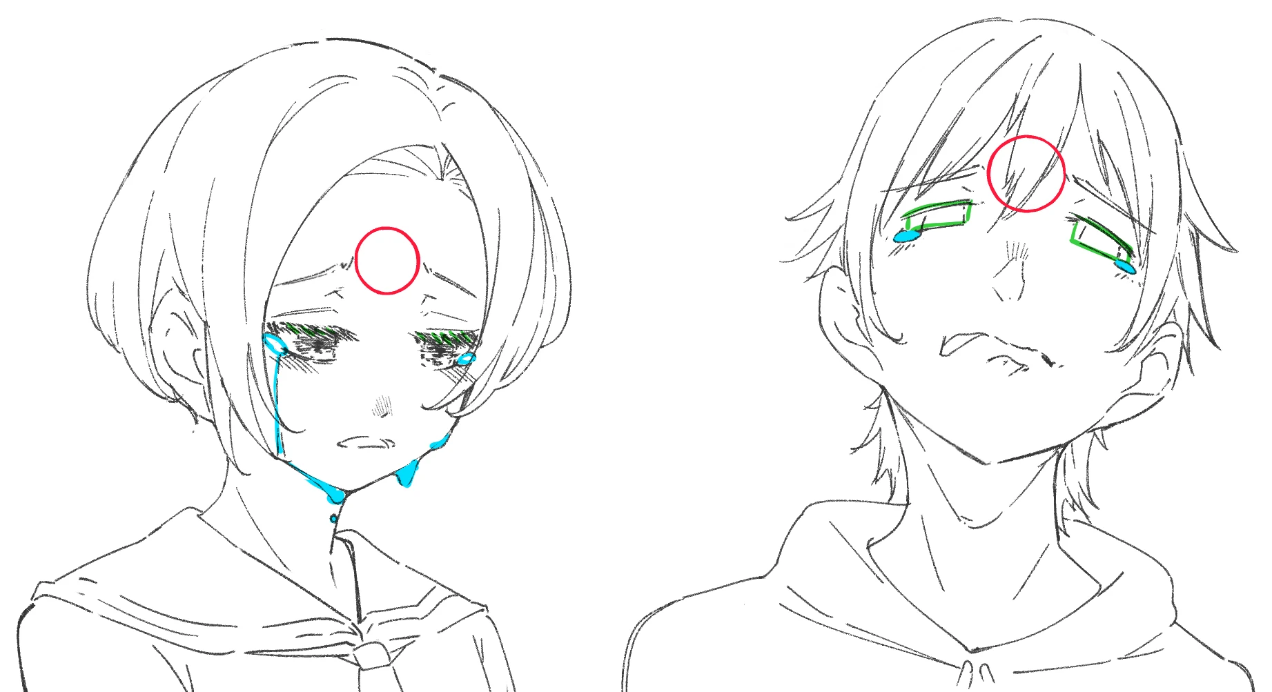 Two crying anime characters. Red circles mark the raised inner brows, green marks the eyes trying to close and light blue marks the tears