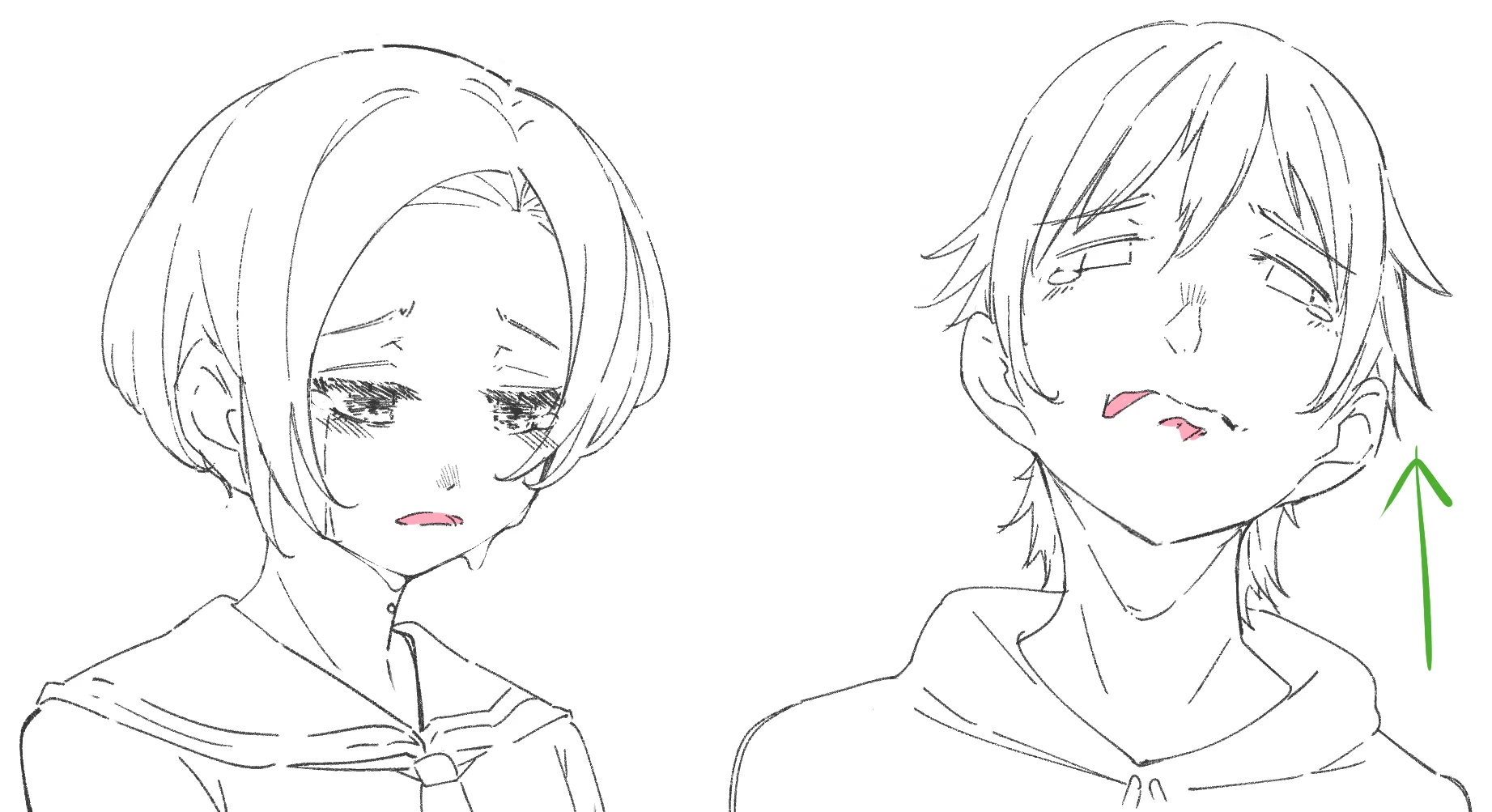 The same two crying characters. Red marks the downturned mouths, the boy clenches his teeth and a green arrow shows his face turned up