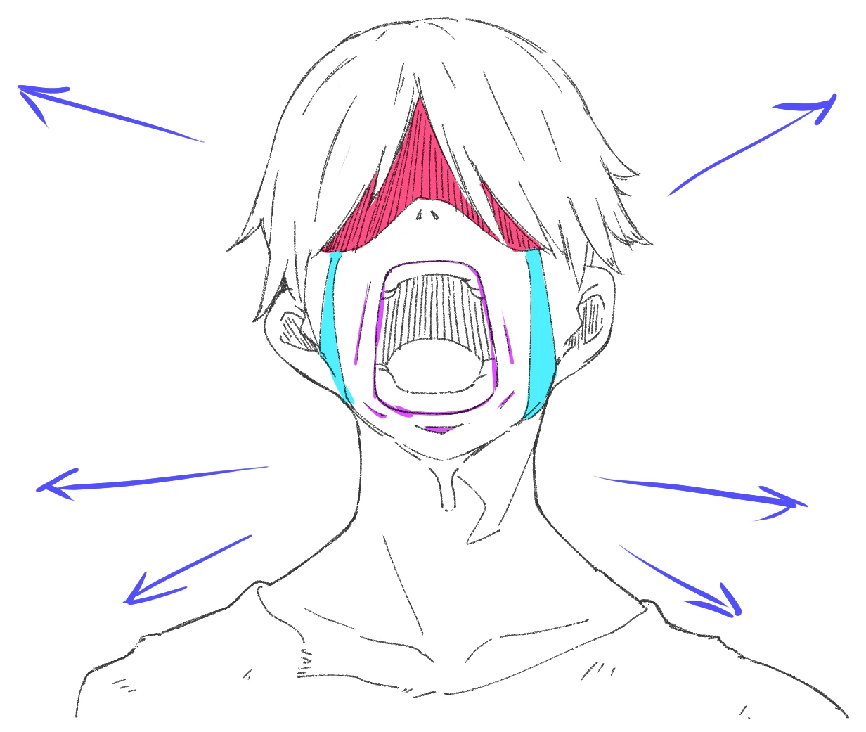 An anime boy in despair with his eyes hidden in red shadow, streams of tears, a wide-open mouth and blue arrows pointing outward