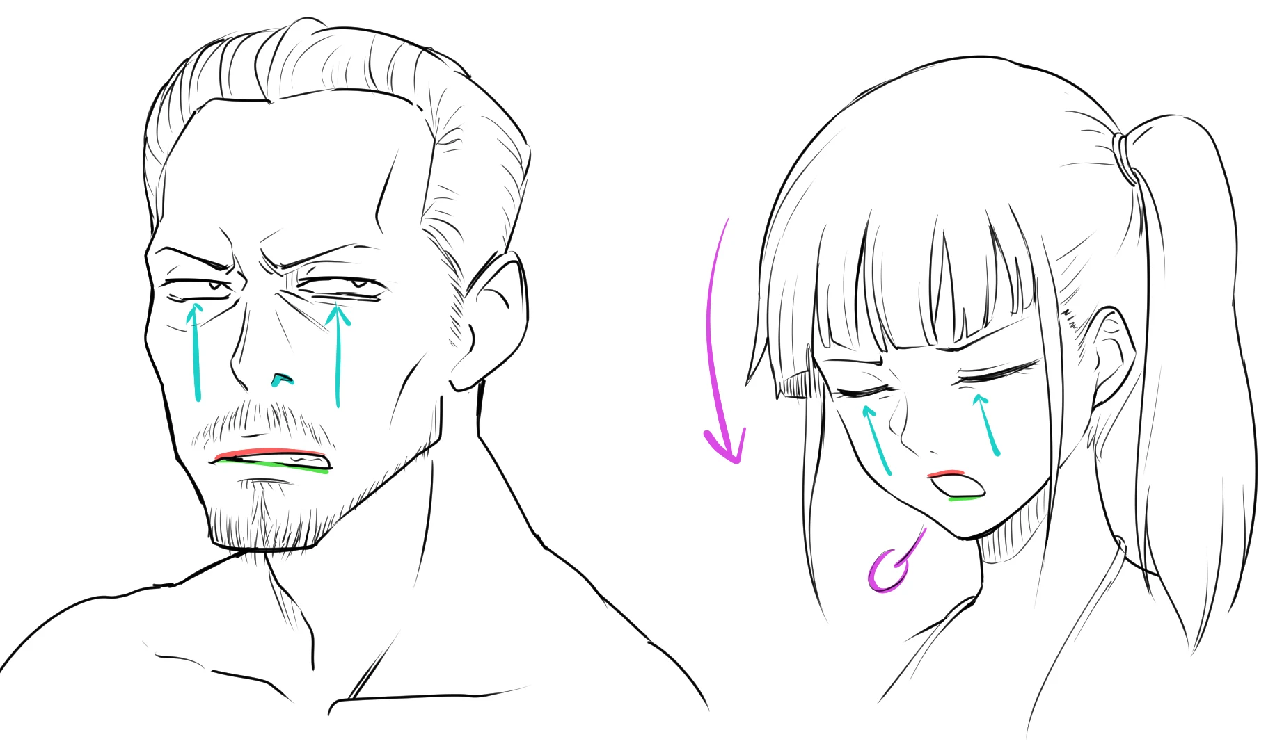 Two anime characters showing strong disgust, with light blue arrows lifting the cheeks, red and green marks on the lips and a purple arrow for a sigh
