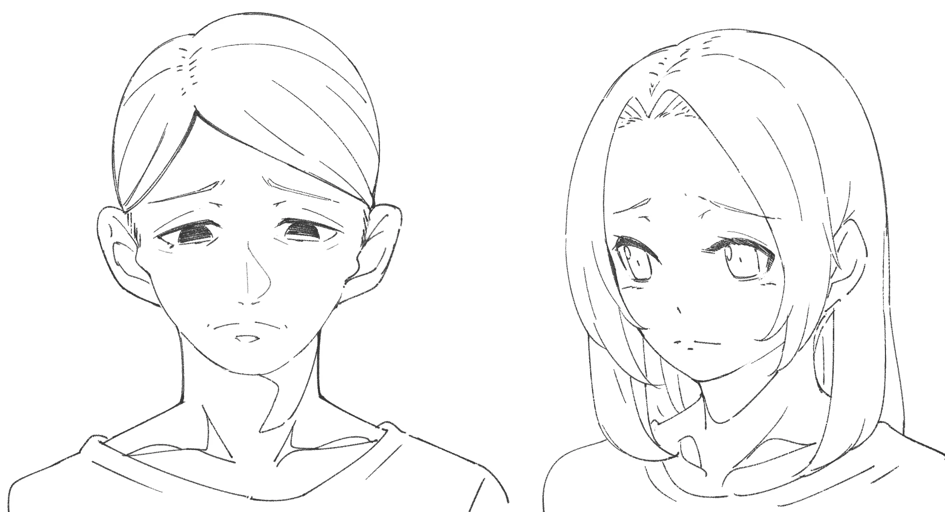 Two anime characters with quiet sadness: raised inner brows, downcast eyes and small frowns