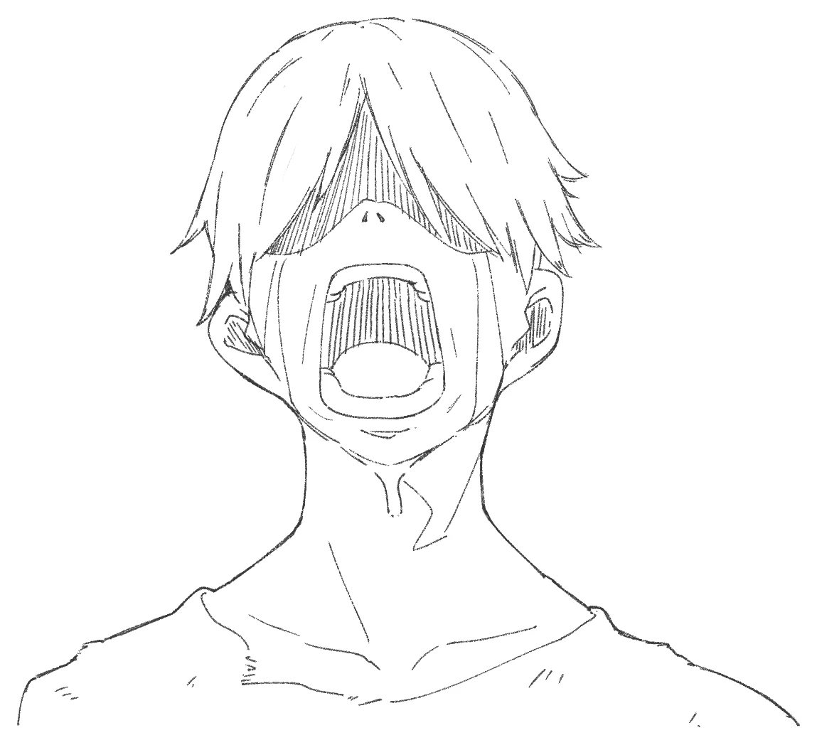 An anime boy in despair with his eyes in shadow, tears and a wide-open mouth