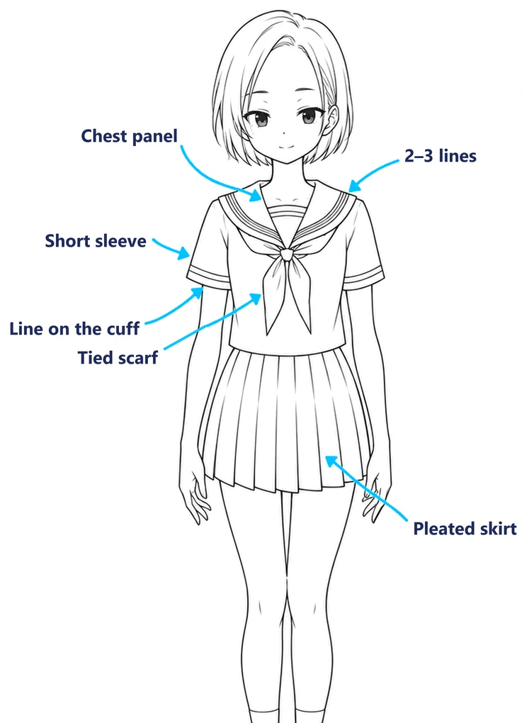 The same girl in a summer sailor uniform, standing with her arms down