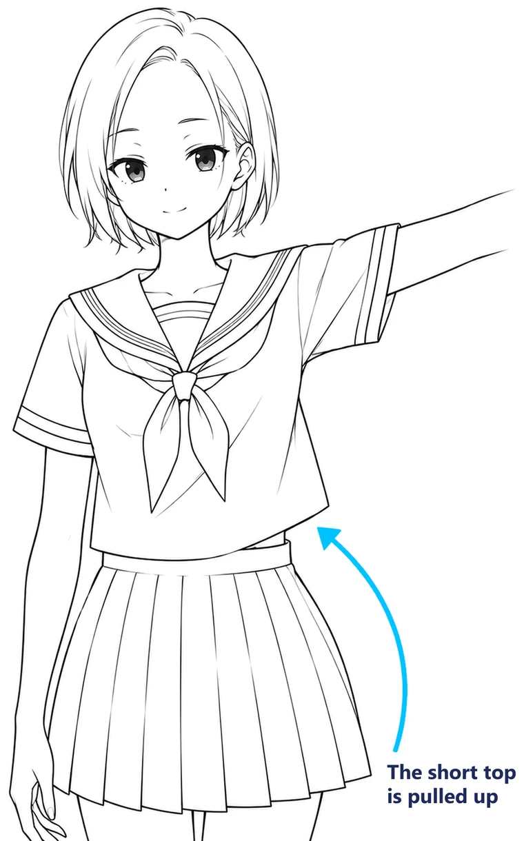 The same girl in a summer sailor uniform, with one arm raised and the hem of the top pulled up