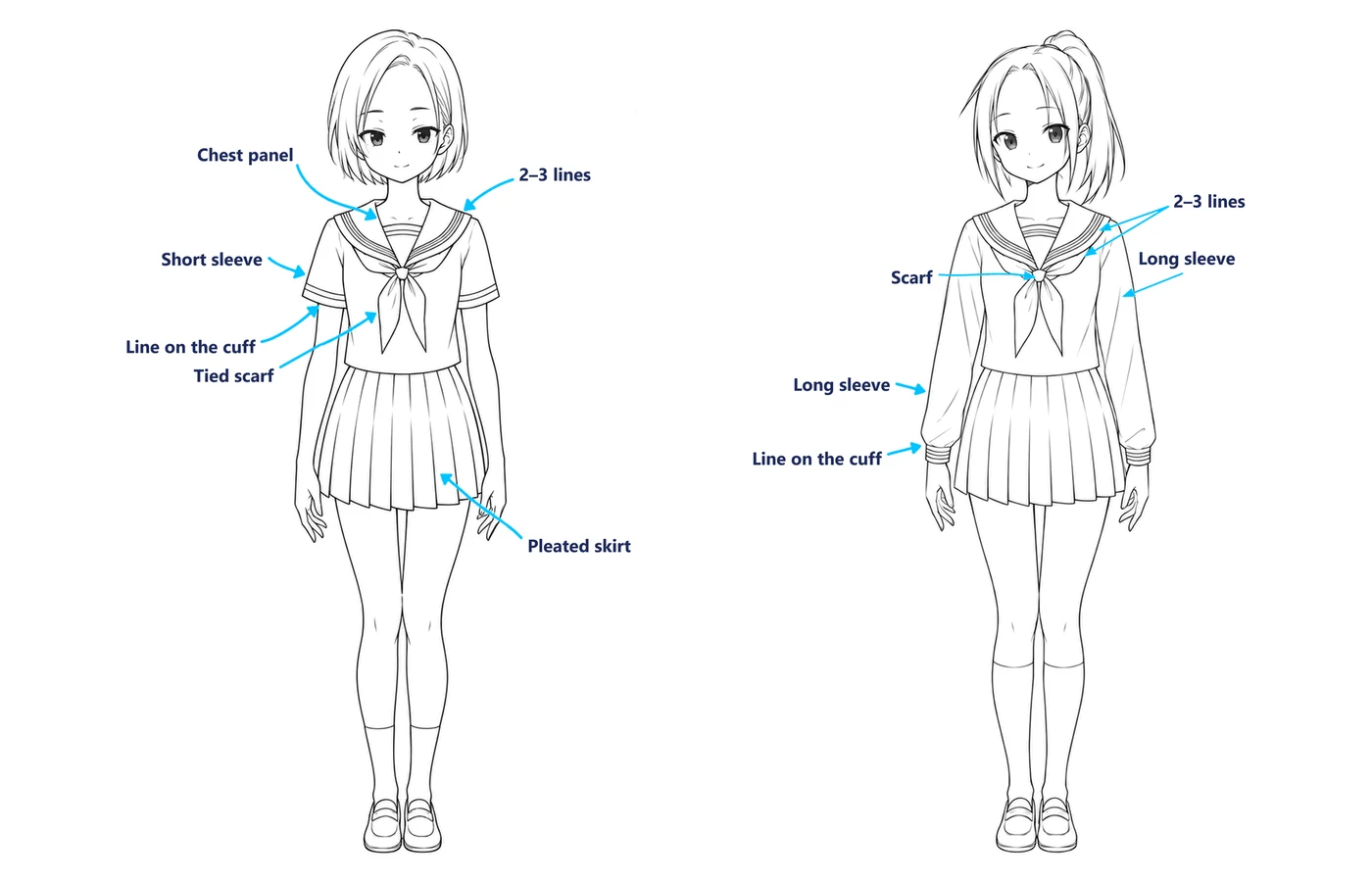 An anime girl in a summer sailor uniform next to the same girl in a winter sailor uniform
