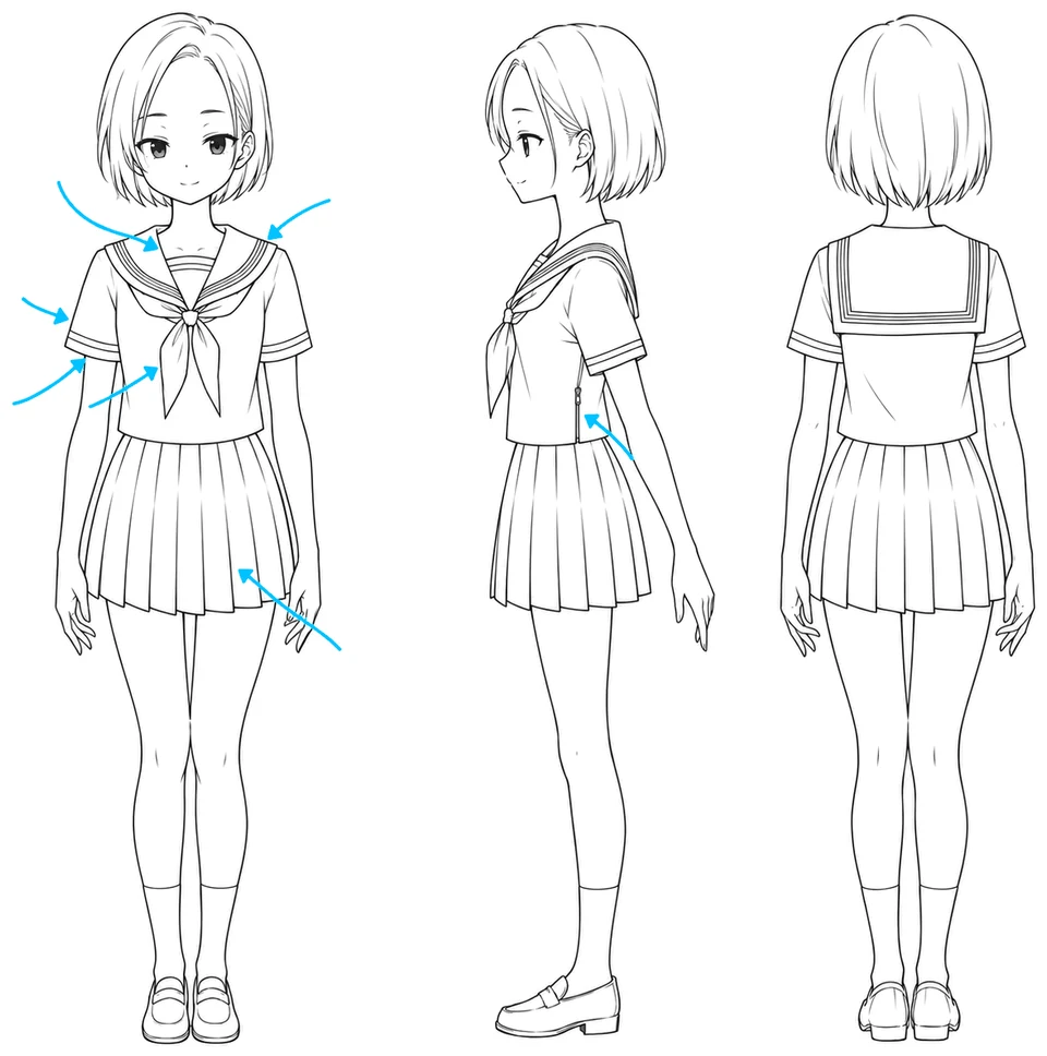 Summer sailor uniform shown from the front, the side and the back