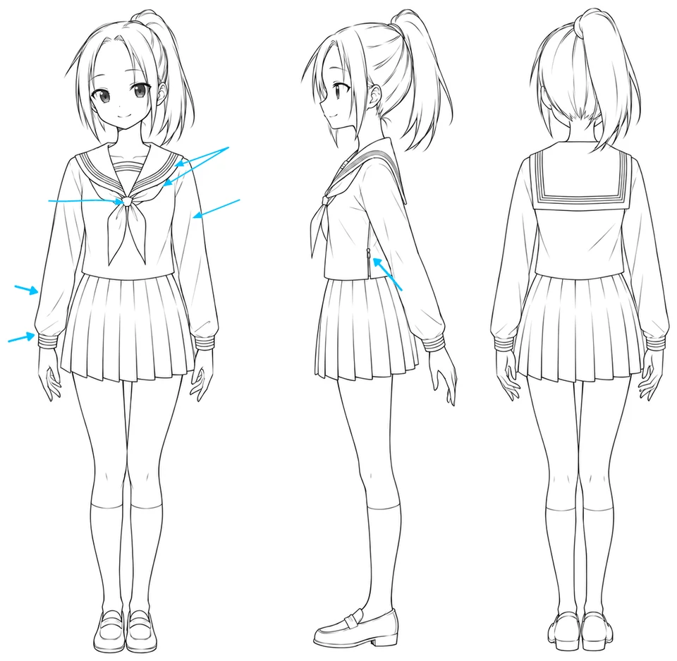 Winter sailor uniform shown from the front, the side and the back