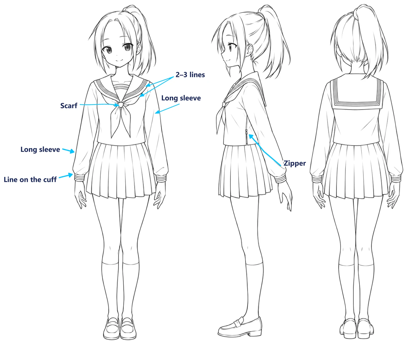 Winter sailor uniform shown from the front, the side and the back