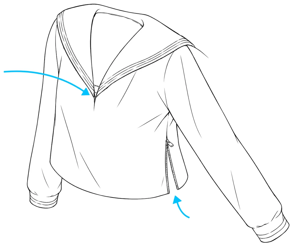 A sailor top on its own, showing the hook at the collar and the zipper at the side